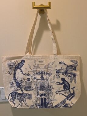 Sezane Cream and Navy Illustrated Canvas Art Tote